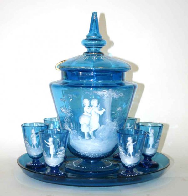 Mary Gregory Blue Glass Lidded Punch Bowl Set