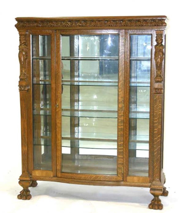 American Oak China Cabinet with Carved Figural