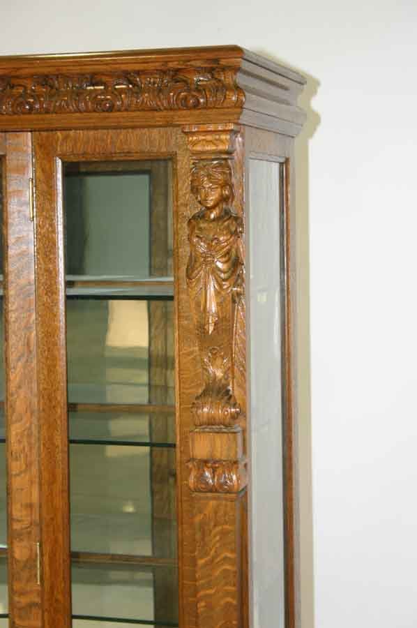 American Oak China Cabinet with Carved Figural - 3