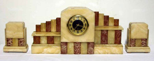 Art Deco Marble Three Piece Clock Set. C 1910. Cloc: Art Deco Marble Three Piece Clock Set. C 1910. Clock 11.5"h x 22.5"l x 4"d