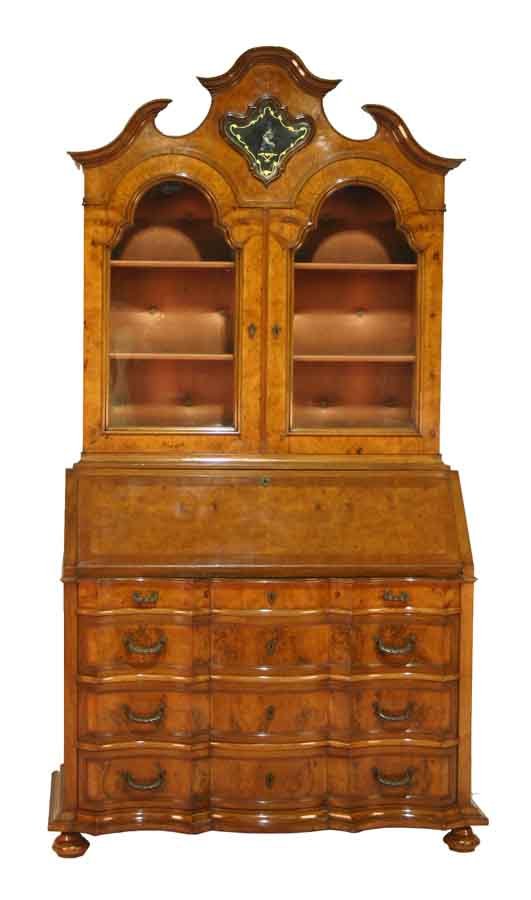 German Baroque Carved Walnut Secretary. Scroll Sha