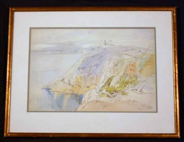Watercolor Etching of Cape Colonna by Edward Lear: Watercolor Etching of Cape Colonna by Edward Lear During his Travels in Greece circa 1849. Previously Housed in University of Pennsylvania Fine Arts Collection. 13"h x 19"w sight