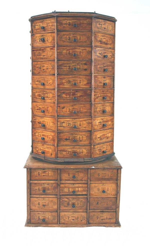 Antique Country Store Rotating Bolt Cabinet: Old hardware store rotating bolt bin in original condition. 66.5"H X 30"D @ base.
