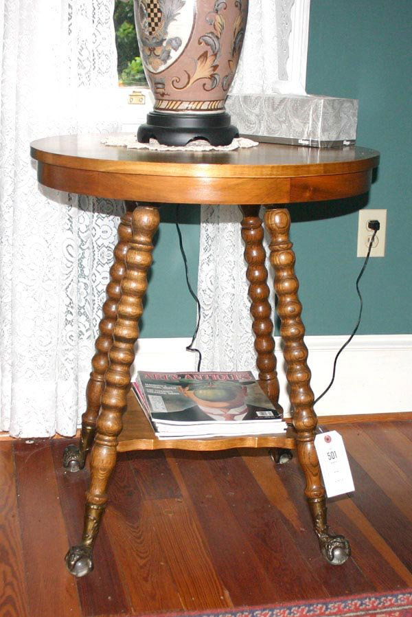 27 Oak Round Side Table w/glass ball & claw feet. C