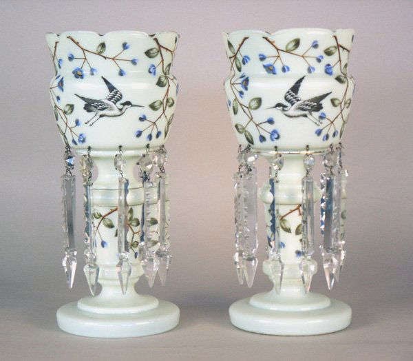 Pair Victorian Painted Mantle Lusters. 14"h: Pair Victorian Painted Mantle Lusters. 14"h