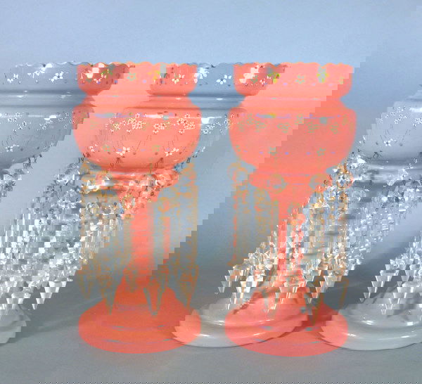 Pair Pink Paint Decorated Mantle Lusters.: Pair Pink Paint Decorated Double Ring Mantle Lusters. 14.25"h