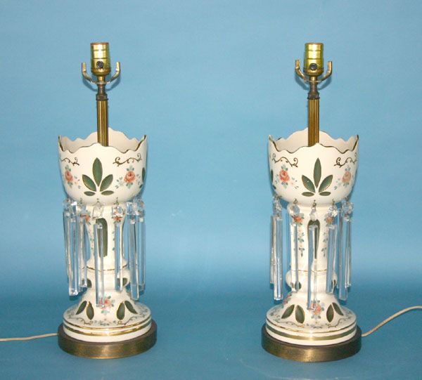 Pair Cream Cut to Green Mantle Luster Lamps. 15"h: Pair Cream Cut to Green Mantle Luster Lamps. 15"h