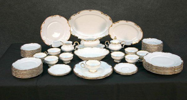 BRIGHTON BY HUTSCHENREUTHER CHINA SET: BRIGHTON BY HUTSCHENREUTHER CHINA. SYLVIA SHAPE, WHITE W/GOLD TRIM. 56 PIECES