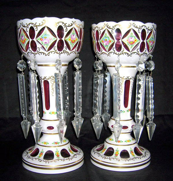 Pair White Cut to Cranberry Mantle Lusters 13"h: Pair White Cut to Cranberry Mantle Lusters 13"h