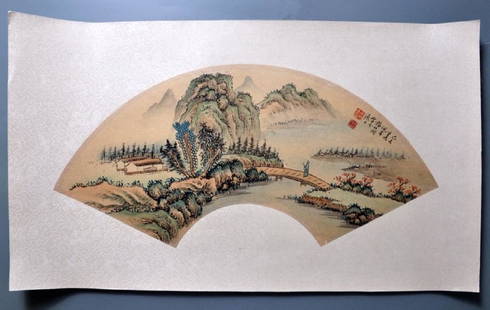 INSCRIBED AND SIGNED YANG BORUN(1837-1911). CHINESE: INSCRIBED AND SIGNED YANG BORUN(1837-1911). CHINESE PAINTED ON PAPER FAN.H074.China. Depicting Chinese landscape scenery, with two red color seals of artist.Measure: Length 25.5" ,width