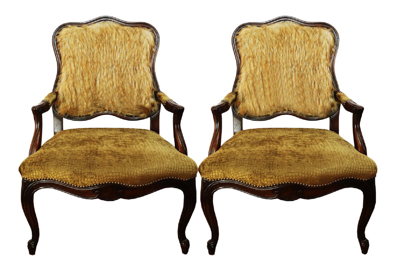 (2) ROCOCO MAHOGANY BOUDOIR FRENCH MOCHA DAMASK: (2) ROCOCO MAHOGANY BOUDOIR FRENCH MOCHA DAMASK ARMCHAIR ARM CHAIR THRONE CARVER,WITH HAIRY BACK. This beautiful solid mahogany arm chair has been elbarotely hand carved with beautiful scrolls feature