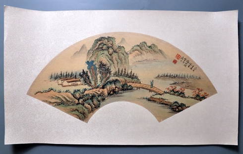 INSCRIBED AND SIGNED YANG BORUN(1837-1911). CHINESE PAINTED ON PAPER FAN.H074.: INSCRIBED AND SIGNED YANG BORUN(1837-1911). CHINESE PAINTED ON PAPER FAN.H074.China. Depicting Chinese landscape scenery, with two red color seals of artist.Measure: Length 25.5" ,width 14.5".Domestic