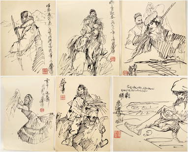 (6) SIGNED HUANG ZHOU(1925-1997).A SET OF SIX INK AND COLOR ON PAPER PAINTINGS. H680.: (6) SIGNED HUANG ZHOU(1925-1997).A SET OF SIX INK AND COLOR ON PAPER PAINTINGS. H680.China, with six red color seals of artist.C Property from a Private Hong Kong Collection.CONDITION: in overall good