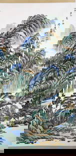 ATTRIBUTED AND SIGNED ZHANG DAQIAN (1899-1983). A INK AND COLOR ON PAPER HANGING PAINTING. H550.: ATTRIBUTED AND SIGNED ZHANG DAQIAN (1899-1983). A INK AND COLOR ON PAPER HANGING PAINTING. H550.China. Depicting Chinese landscape scenery, with two red color seals of artist.C Property from a Private