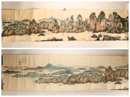 ATTRIBUTED AND SIGNED ZHANG DAQIAN (1899-1983). A INK AND COLOR ON PAPER HANGING PAINTING. H696: ATTRIBUTED AND SIGNED ZHANG DAQIAN (1899-1983). A INK AND COLOR ON PAPER HANGING PAINTING. H696.China. Depicting Chinese landscape scenery, with four red color seals of artist.C Property from a Privat