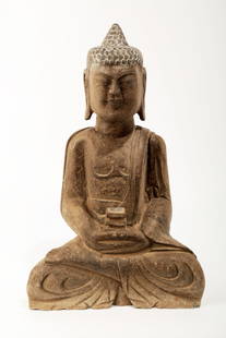 CHINESE STONE SAKYAMUNI BUDDHA STATUE.S002.: CHINESE STONE SAKYAMUNI BUDDHA STATUE.S002. China. Probably 18th/19th century or later. The central Buddha seated with legs crossed on a plinth, draped in layered robes. Condition Report: Chips off ma