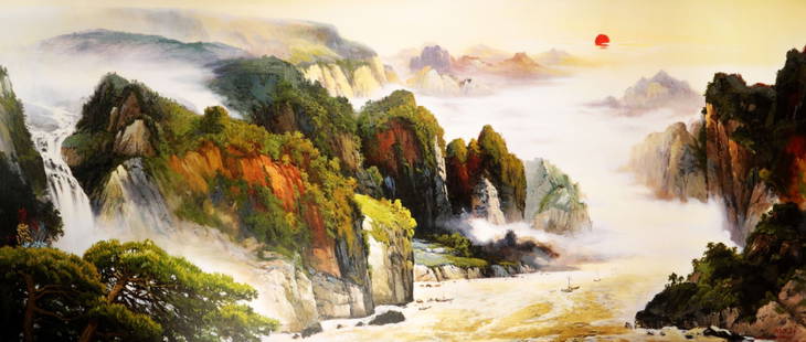 A FINE OIL PAINTING DEPICTING LANDSCAPE SCENERY. SIGNED BY MO ZI.CHINESE SCHOOLS.UNMOUNTED.H046: A FINE OIL PAINTING DEPICTING LANDSCAPE SCENERY. SIGNED BY MO ZI.CHINESE SCHOOLS.UNMOUNTED.H046 Measure: Height 71" , Length 28". Domestic shipping (48 states): $79.95.H046.