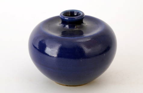 A BLUE-GLAZED PORCELAIN WATER DROPPER.: A BLUE-GLAZED PORCELAIN WATER DROPPER. China. Circa 19th- 20th century. Measure: Height 2.75", diameter 3.5". CONDITION: No other signs of damage, loss or repair. overall wear due to age. Domestic shi