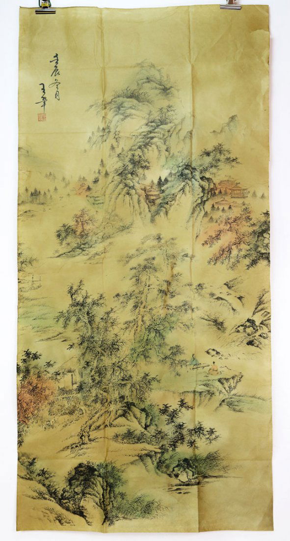 Chinese ink and color on paper painting by Wang Hui,: Chinese ink and color on paper painting by Wang Hui, Unmounted, depicting a mountain and river scenery, inscribed and signed Wang Hui, with a red color seal of artist. Measure: Length 50.38" ,width 24