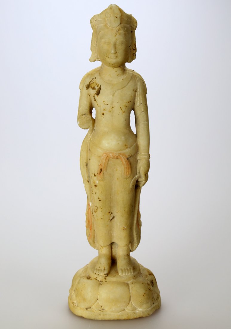 CHINESE WHITE-MARBLE BUDDHA STATUE OF GUANYIN: CHINESE WHITE-MARBLE BUDDHA STATUE OF GUANYIN China.BEIQI Dynasty style, probably 6th Century. C Property from a Private Japanese Collection Measure: Height 9.75 ", max diameter 3",weight 1 lb. Condit