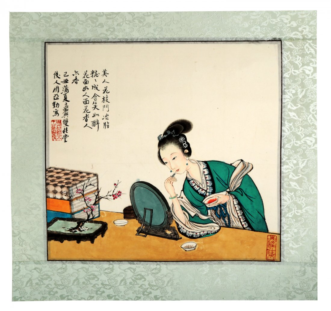 INSCRIBED AND SIGNED ZHOU YAQIN, INK AND COLOR ON PAPER: INSCRIBED AND SIGNED ZHOU YAQIN, INK AND COLOR ON PAPER HANGING SCROLL PAINTING, DEPICTING A BEAUTY IS MAKEUP FIGURE. China, with two red color seals of artist. Measure: Length 17.50" ,width 17.5" Dom