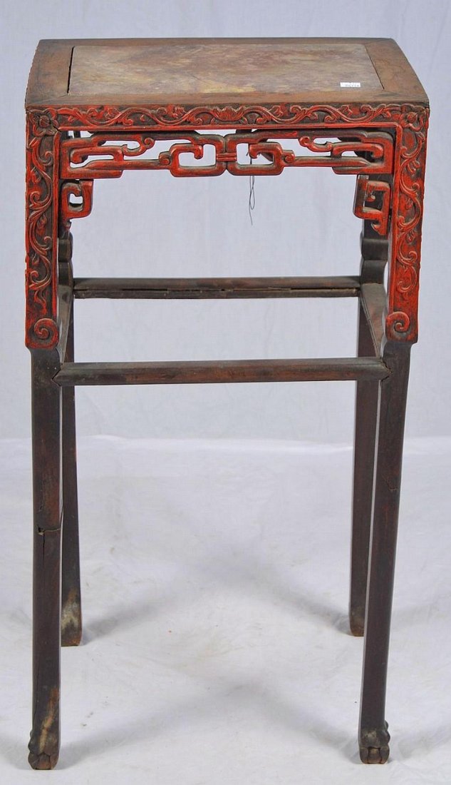 CHINESE CARVED MARBLE TOP SIDE TABLE. (1 of 6)