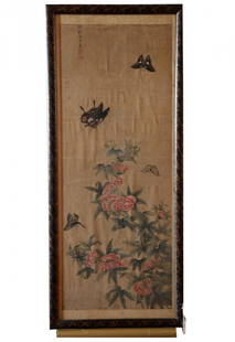 WU XUAN NV SHI, QING DYNASTY/SPAN PEONIES AND: WU XUAN NV SHI, QING DYNASTY/SPAN PEONIES AND BUTTERFLIES HANGING SCROLL Framed, ink and color on paper, signed Wu Xuan Nv Shi hua and with two seals of the artist, depicting butterflies among peony b