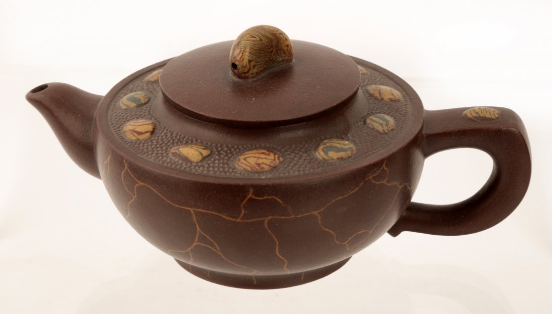A YIXING CLAY MOSAIC GEM TEAPOT WITH LID & CHARACTERS. (1 of 10)