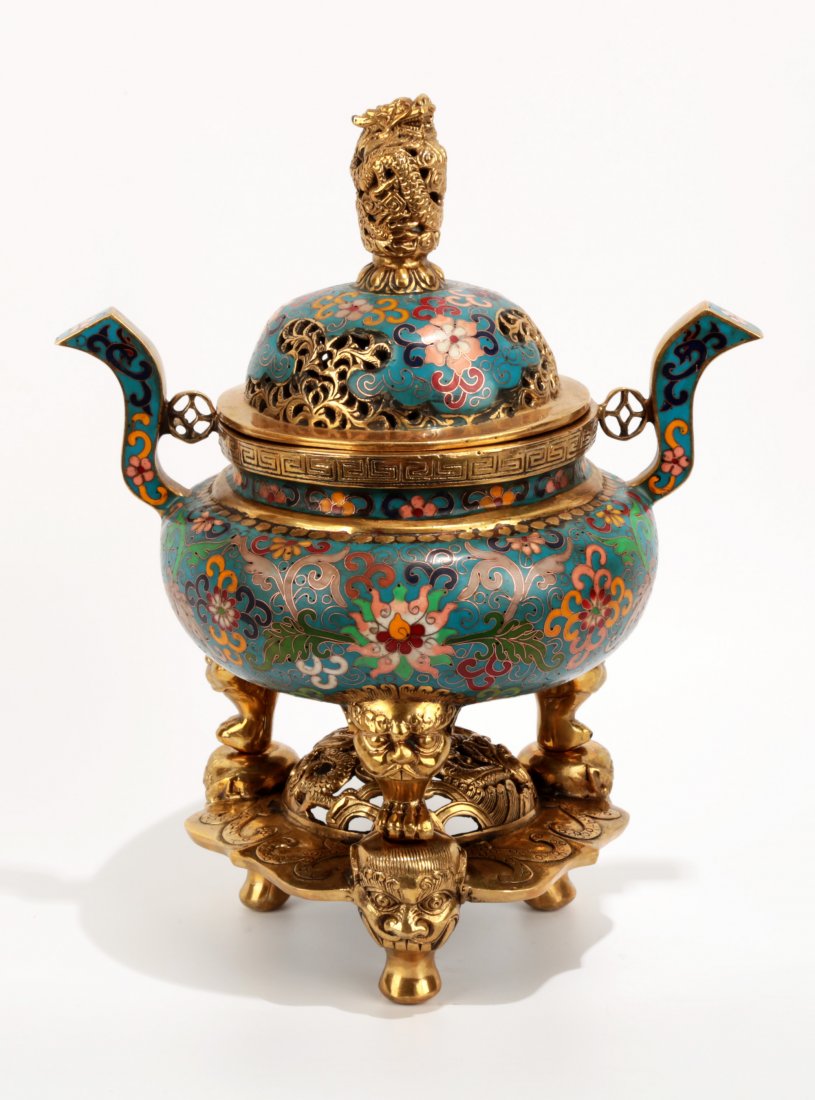 A CHINESE CLOISONNE ENAMEL CENSER AND COVER WITH TWO (1 of 10)