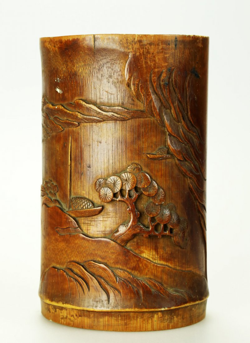 CARVED AND INSCRIBED BAMBOO BRUSH POT (1 of 6)