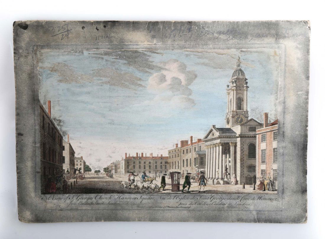 A ENGLISH ENGRAVING "VIEW OF ST. GEORGE" BOYDELL, 18TH: A ENGLISH ENGRAVING "VIEW OF ST. GEORGE" BOYDELL, 18TH C.OH016. English 18th Century Engraving "View Of St. George Church", John Boydell London Hanover Square, from Conduit Street John Boydell (Britis