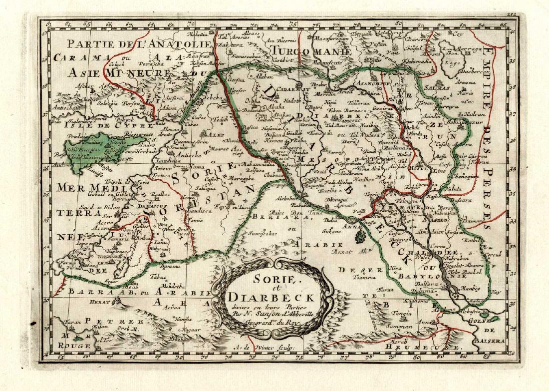 Collection of [7] ancient geographic maps -Engravings: Soria Et Diarbeck, seven ancient geographic maps of Syria, one hand painted after printing. Average size: 19x26 cm. Overall fine condition.