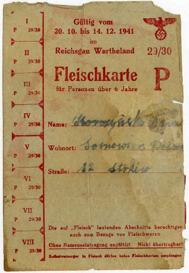Ration Card to Receive Meat in the Reichsgau Wartheland: Ration card to receive meat in the midst of WWII, from the Reichsgau Wartheland district in Germany. 1941. The card is effective Oct. 20, 1941 until Dec. 14, 1941. The emblem of the Nazi regime is on
