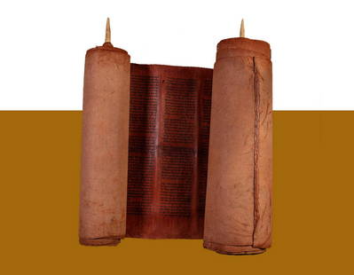 Torah Scroll on Gevil. Yemen, 19th Century.: Complete Torah scroll written in ink on gevil. Yemen, 19th century. Torah scroll handwritten in expert scribal script; uniform script along its entire length. Red gevil from a large domestic