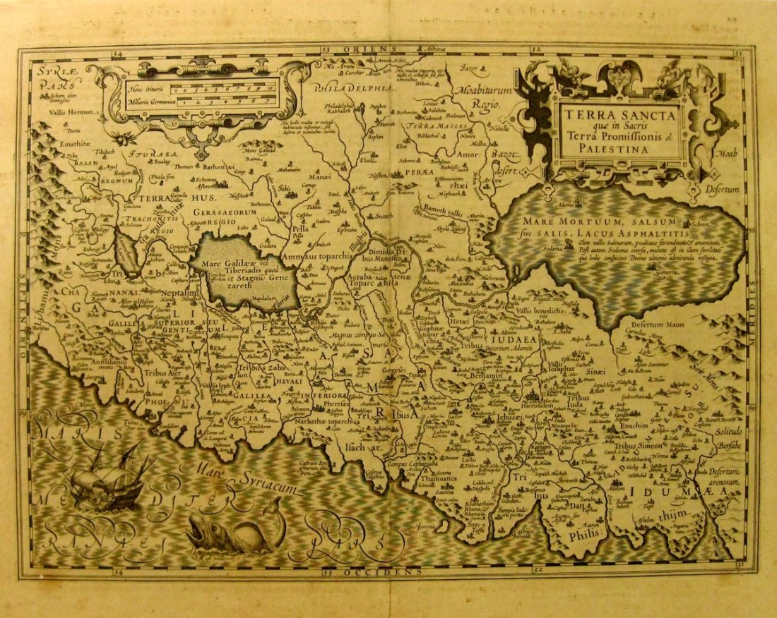 Map of the Holy Land in its Twelve Tribal Divisions.: Terra Sancta quae in Sacris Terra Promissionis ol: Palestina. Map of the Holy Land divided amongst the twelve tribes. Copperplate engraving. Black and white. View from west to east. Shoreline from Bei
