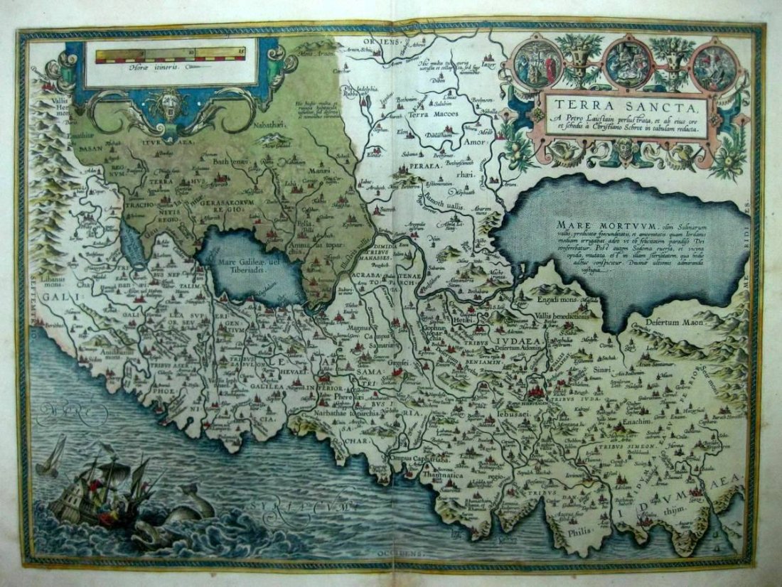 Map of the Holy Land. Ortelius. Antwerp, 1601.: Terra Sancta A Petro Laicstain perlustrata…a Christiano Schrot… Map of the Holy Land on both banks of the Jordan. As described by Peter Laicstain and designed by Christian Schrot (Sgroth). Antwerp