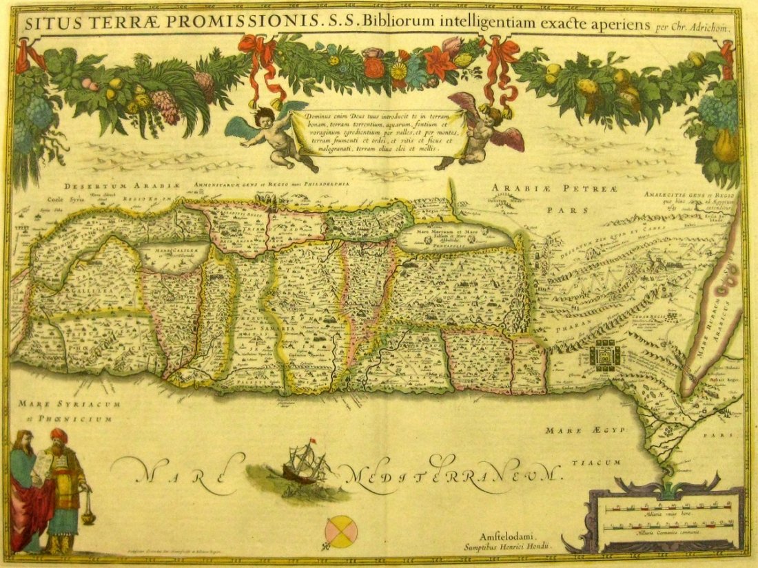 Map of the Holy Land Divided amongst the Twelve Tribes.: Map of the Holy Land divided amongst the twelve tribes in original color. By Hondius Hendrik according to Adrichom. View from west to east. Shoreline from Sidon in the north through the Nile Delta and