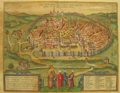 Map of Jerusalem. Braun & Hogenberg. Koln, 1582.: Hierosolyma urbs sancta, Iudeae, Totius que Orientis Longe Clarissima .... Bird's eye view of modern Jerusalem. Colored, copperplate engraving. By George Braun & Franz Hogenberg. From: Civitatus Orbis