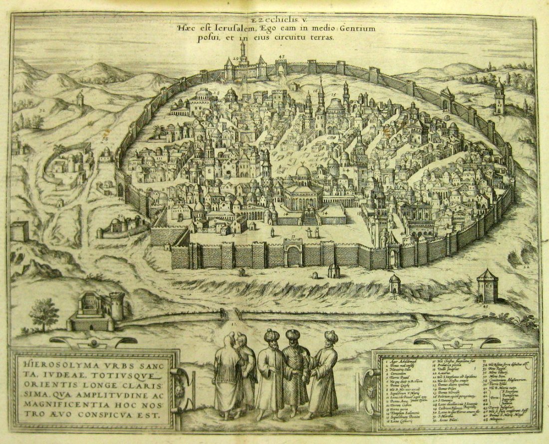 Map of Jerusalem. Braun & Hogenberg. Koln, 1575.: Hierosolyma urbs sancta, Iudeae, Totius que Orientis Longe Clarissima .... Bird's eye view of modern Jerusalem. Black and white, copperplate engraving. By George Braun & Franz Hogenberg. From: Civitat