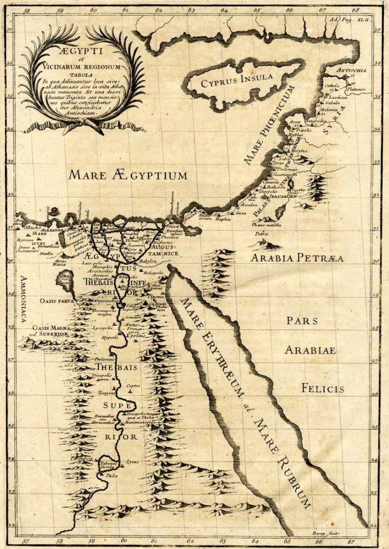 Map of Egypt and the Holy Land. Berey Claude Auguste.: Aegypti et vicinarum regionum tabula, in qua delineantur loca sive ab Athanasio sive in vita Athanasii memorata… Engraver's name in the bottom right corner: Berey. Paris, 1698. Copperplate engraving