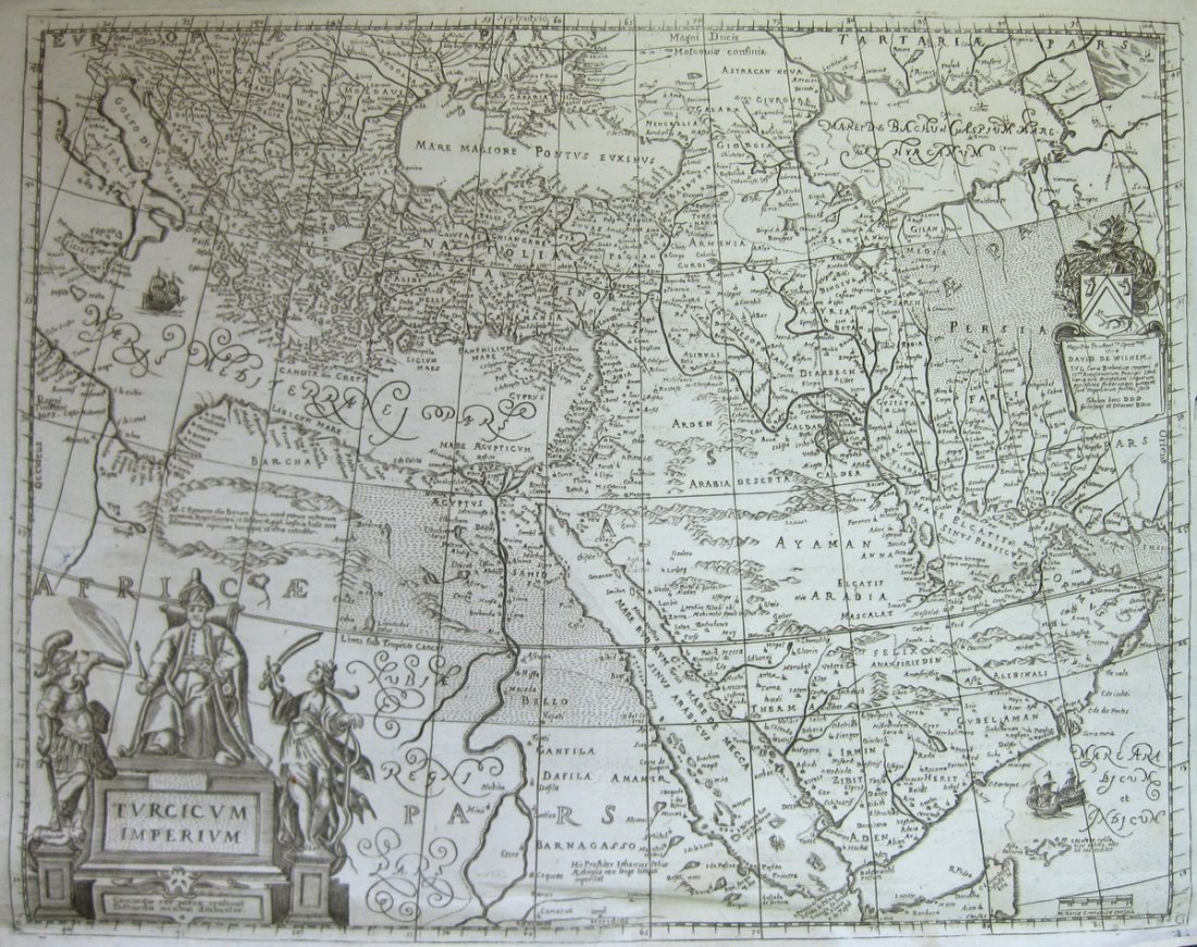 Map of the Ottoman Empire. Guilielmuset Ioliannes: Turcicicum Imperium. Copperplate engraving of the Ottoman Empire, surrounding the Mediterranean Basin and the Middle East by Guilielmus et Ioliannos Blaeu. From the Theatrumorbis Terrarium. Amsterdam,