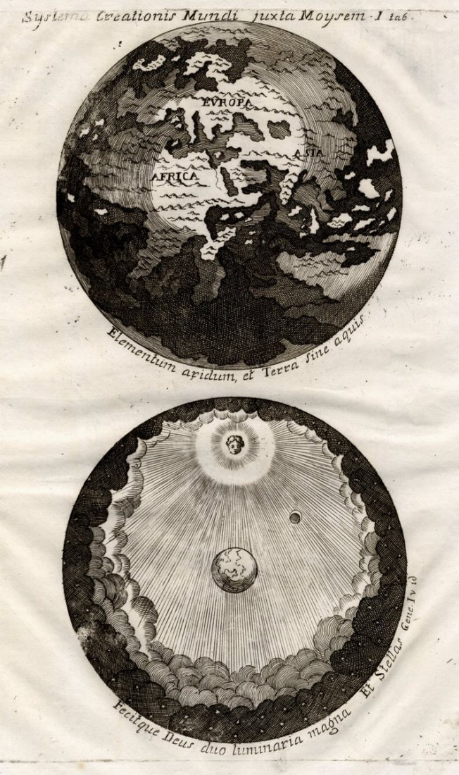 Map of the World and its Creation. Augustine Calmet.: Systema Creationis Mundi juxta Moysem I ta 6. Creation of the World by G-d. According to Genesis 1;2 and 14. 4 copperplate engravings. Black and whtie. Creation of day and night; sun and moon. Map of 