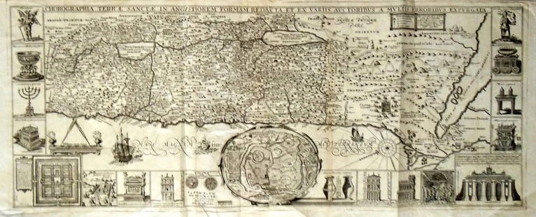 Map of the Holy Land. Venice, 1786: Chorographia Terrae Sanctae in angustiorem formam redacta, et ex variis auctoribvs a multis expurgate. Map of the Holy Land, with hundreds of marked locations and illustration of the vessels of the