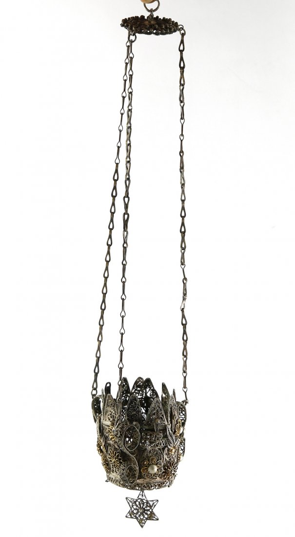 Synagogue Memorial Candle. Ukraine. 19th Century.: Filigree memorial candle. Star of David and the letters ×©.×“.×™. underneath the candle. 45 cm. tall. Welding and repairs. Moderate condition.