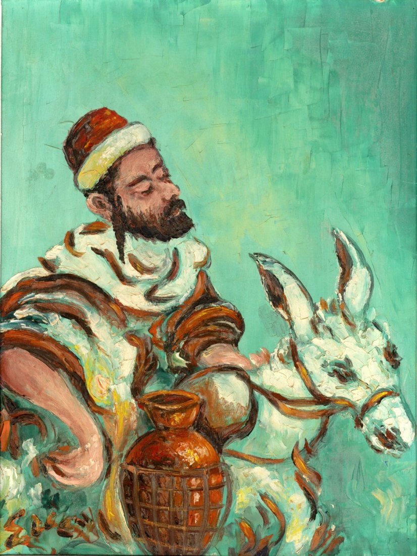 Yemenite Jew. Oil Painting.: Oil paint on wood. Yemenite riding a donkey. Not signed. Framed. 40x33 cm.