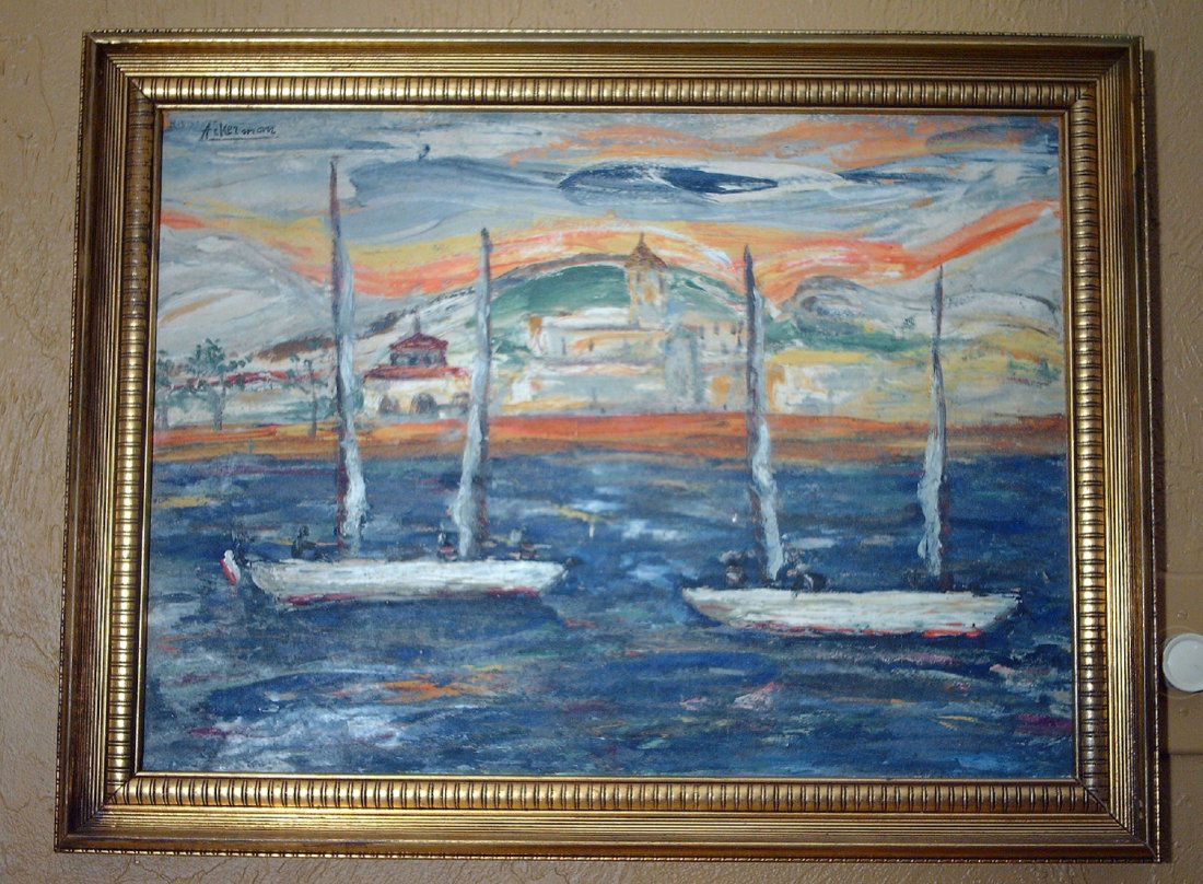 French Riviera Sailboats Gouache by Paul Ackerman: Gouache on paper laid on board representing sail boats at mooring and a coastal town on the French Riviera. Signed twice, upper left and lower left by listed artist Paul Ackerman (French, 1908-1981).