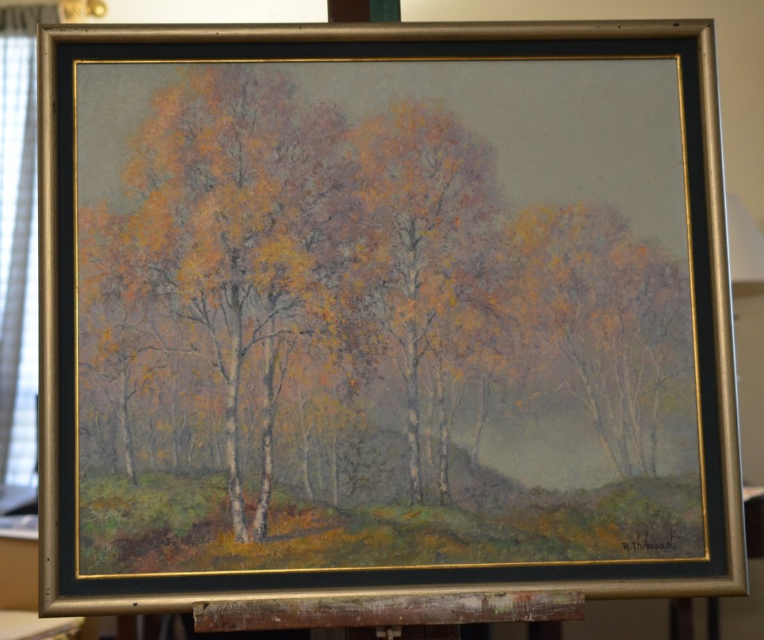 Misty Morning Birch Trees by Raymond Thibesart: ABOUT THIS PAINTING Oil on canvas by Raymond Thibesart (French, 1874-1968). Misty sunrise of birch trees in autumn glory. Recently, Heritage Auctions of Dallas, TX sold a smaller work by Thibesart for