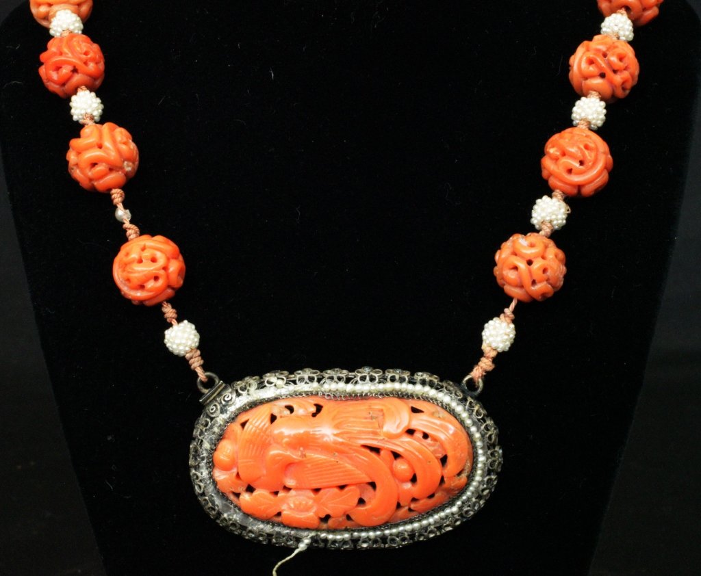 Chinese Carved Coral, Seed Pearl & Silver Necklace: Vtg. Chinese Carved Coral, Seed Pearl and Silver Necklace 19 3/8" long. The late Qing dynasty necklace composed of twenty carved coral balls (11.10-11.45mm diameter) separated by seed pearl clusters, 