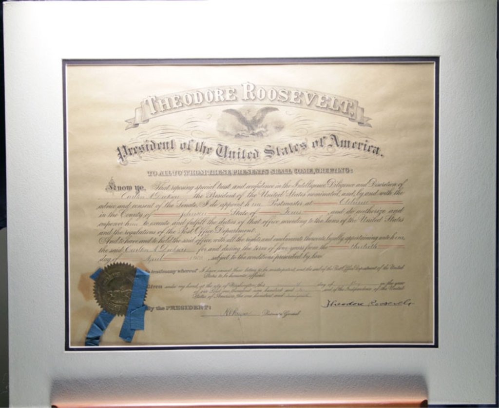 Theodore Roosevelt Partly Printed Signed Document: Theodore Roosevelt Partly Printed Document Signed, As President The partly printed document appointing Carlton A. Dickson as Postmaster at Cleburne, Texas, dated May 19, 1902, countersigned by Postmas