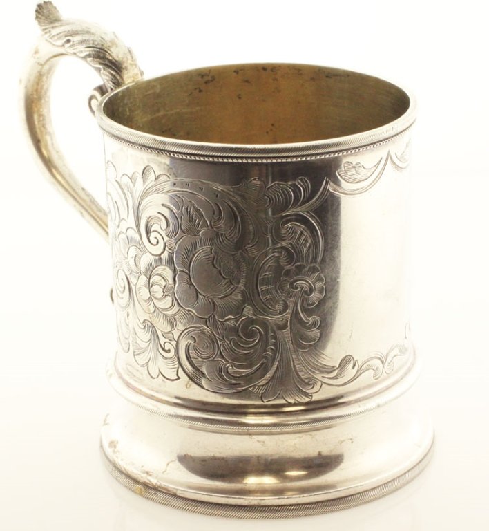 Eoff & Shepard Coin Silver and Silver Gilt Mug: EST 250-350 Eoff & Shepard, New York, New York, circa 1852-1861. Marks: E&S, BALL, BLACK & CO., N. YORK, (profile), (lion passant), (bee hive). 4 1/8" high. 7.59 troy ounces. The mug with flared foot 